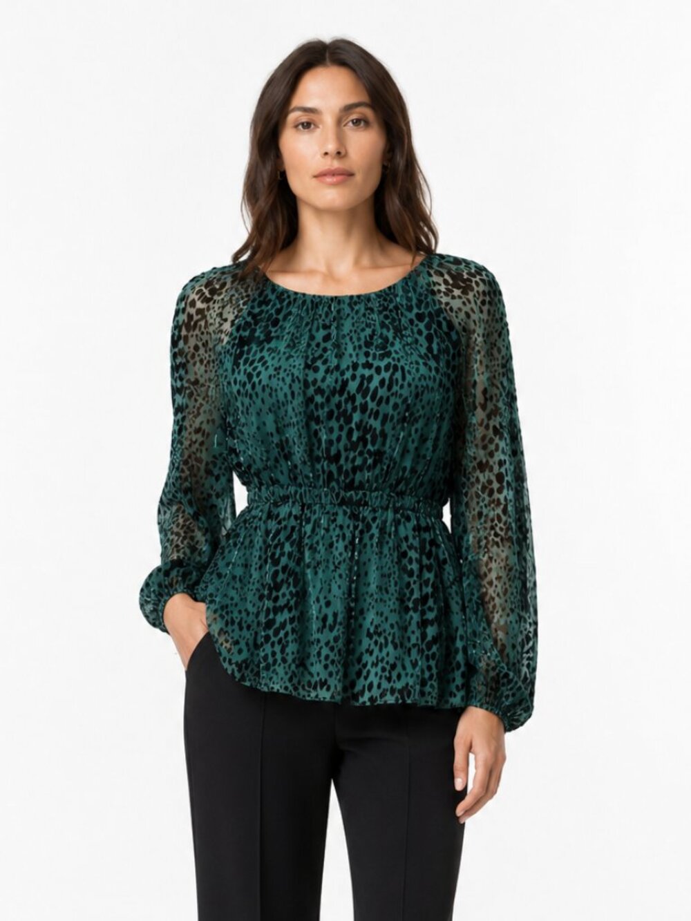 ALC KAREN FOREST GREEN EMERALD VELVET BURNOUT TUNIC TOP - M
